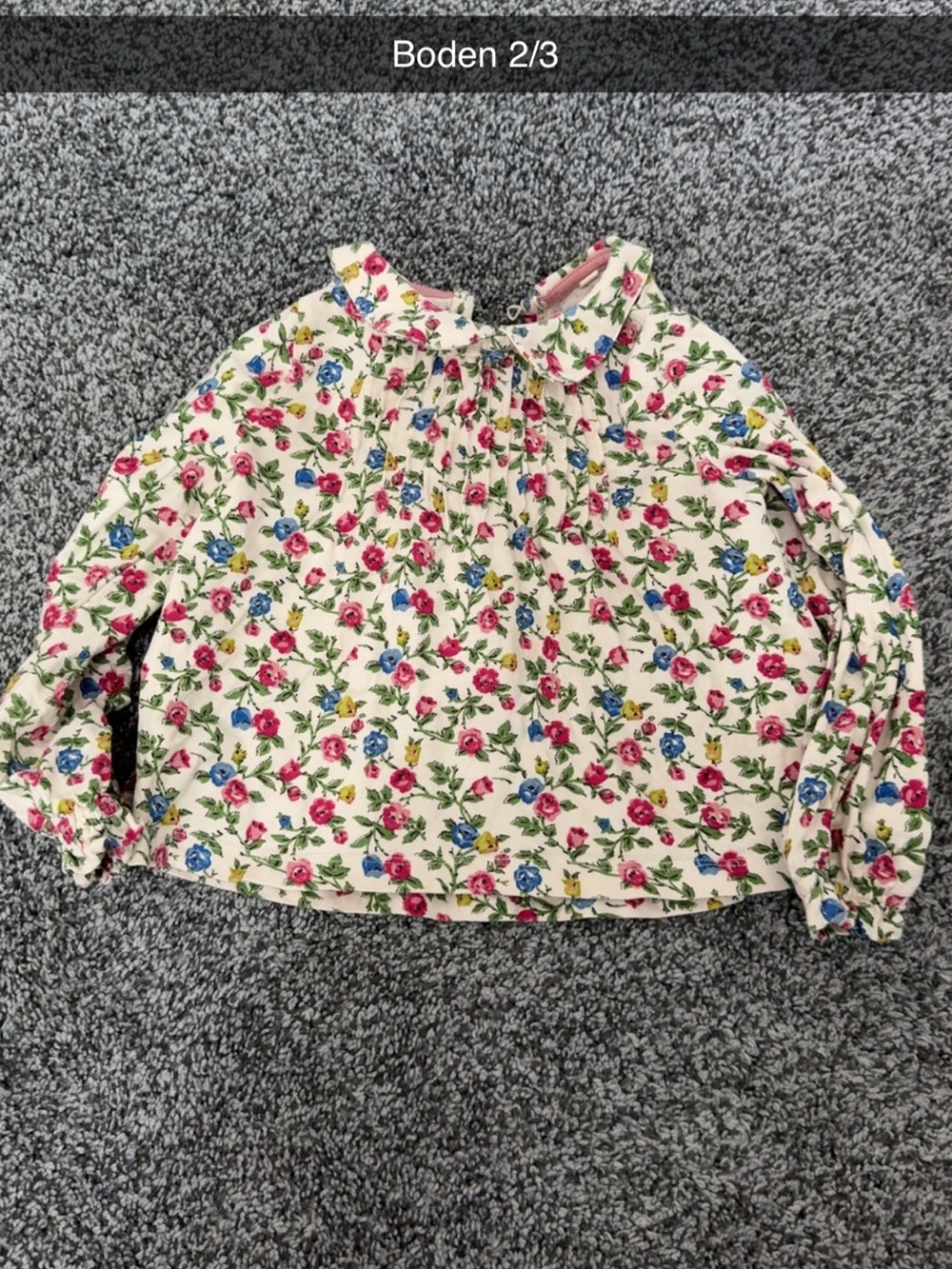 Boden Floral Long-Sleeve Peter Pan Collar Top - Cream with Pink & Blue Flowers